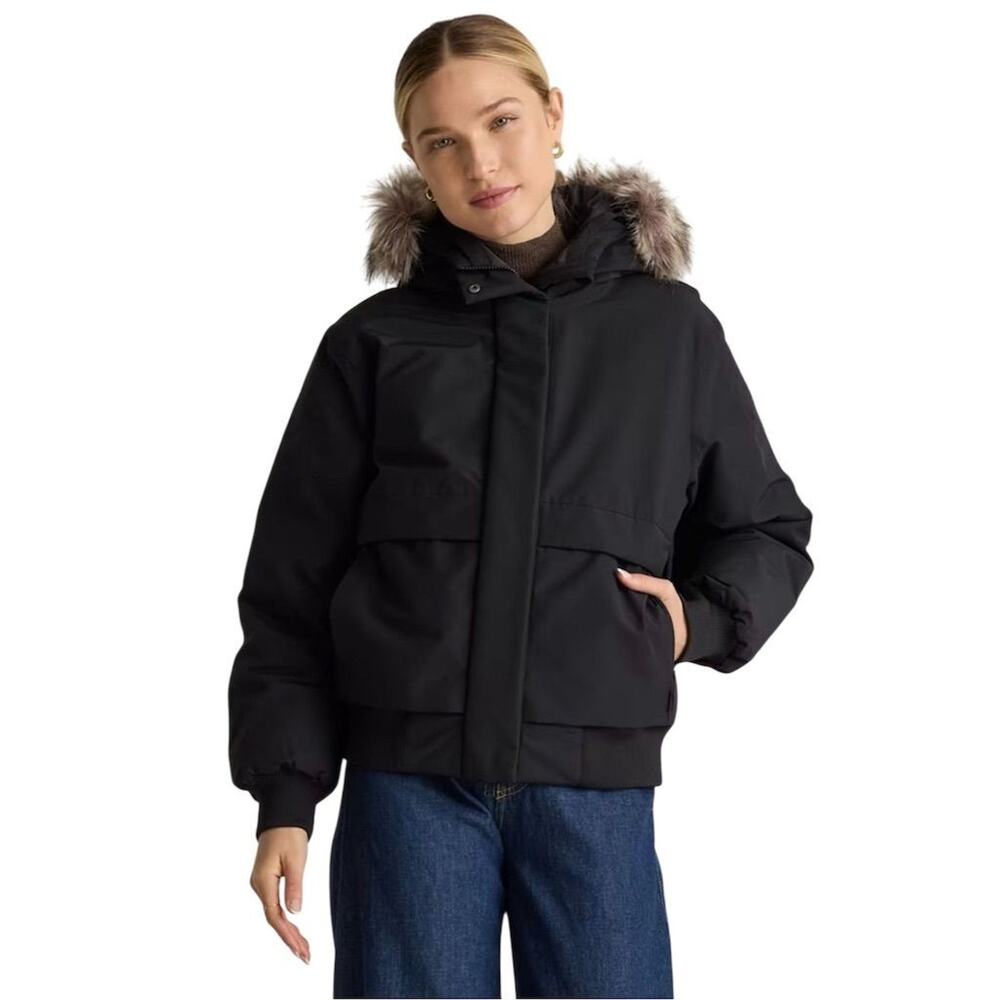 Quince Black Hooded Puffer Jacket with Faux Fur Trim
